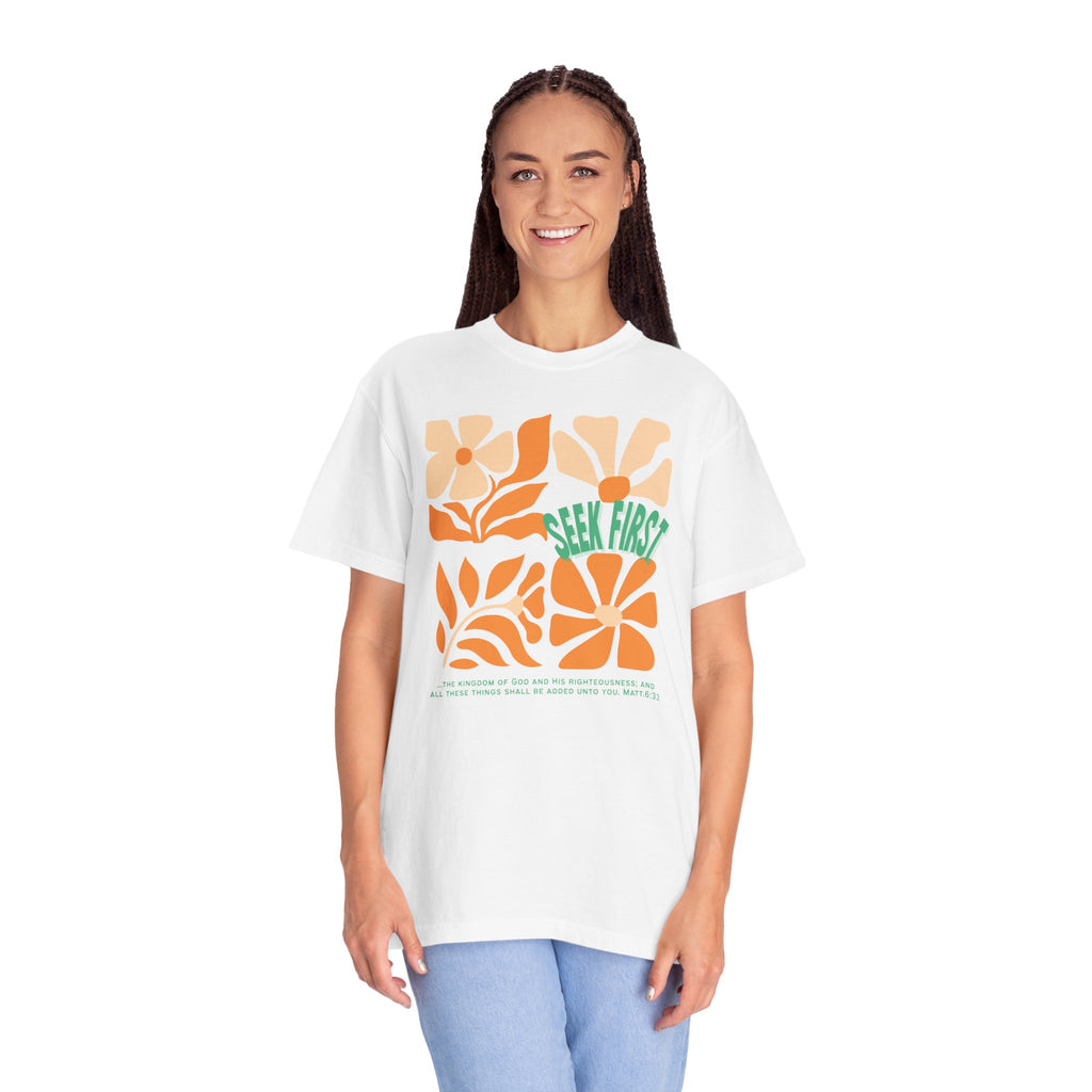 Seek First – Christian T-Shirt | Retro Floral Design | Live the Verse Collection | all4HIM