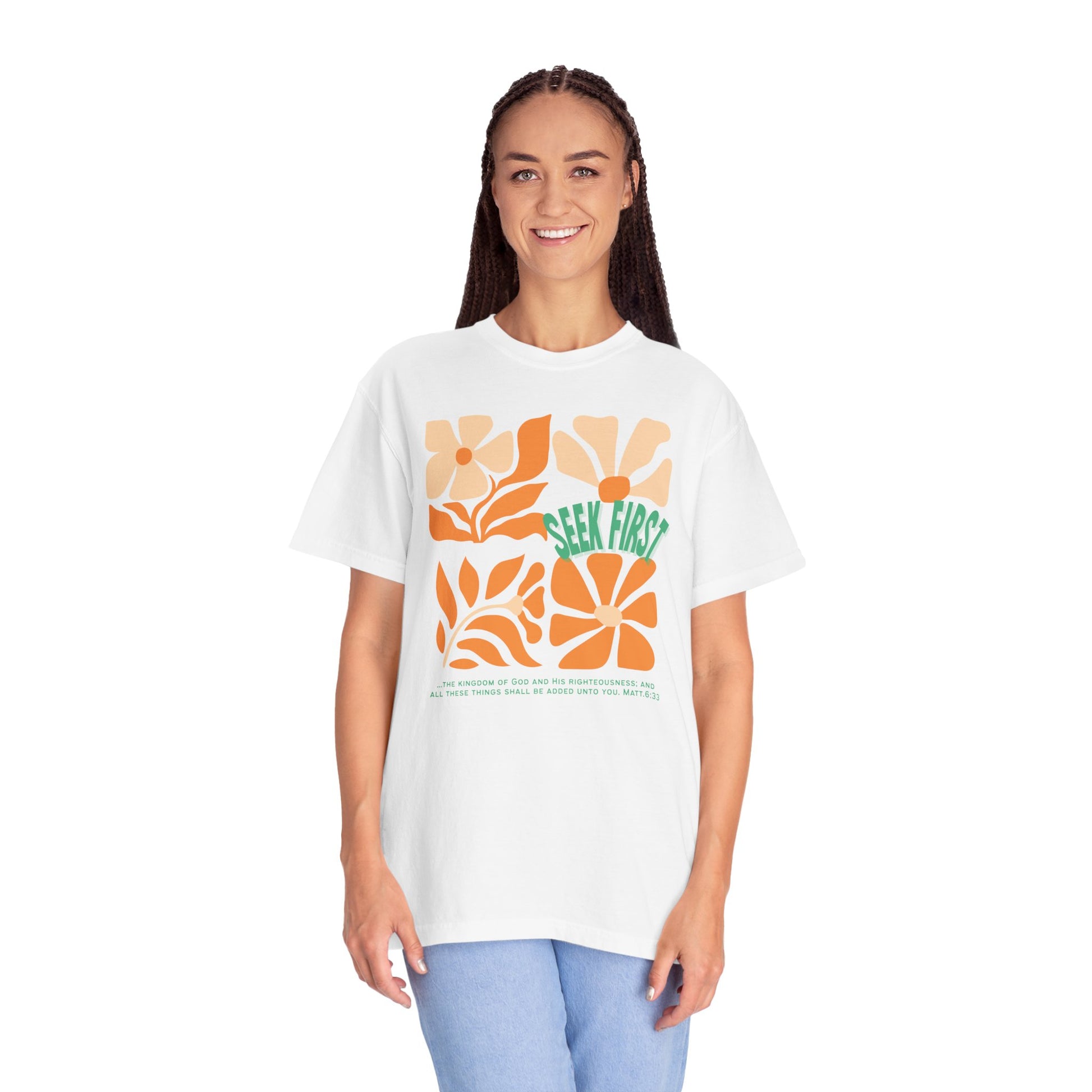 Seek First – Christian T-Shirt | Retro Floral Design | Live the Verse Collection | all4HIM
