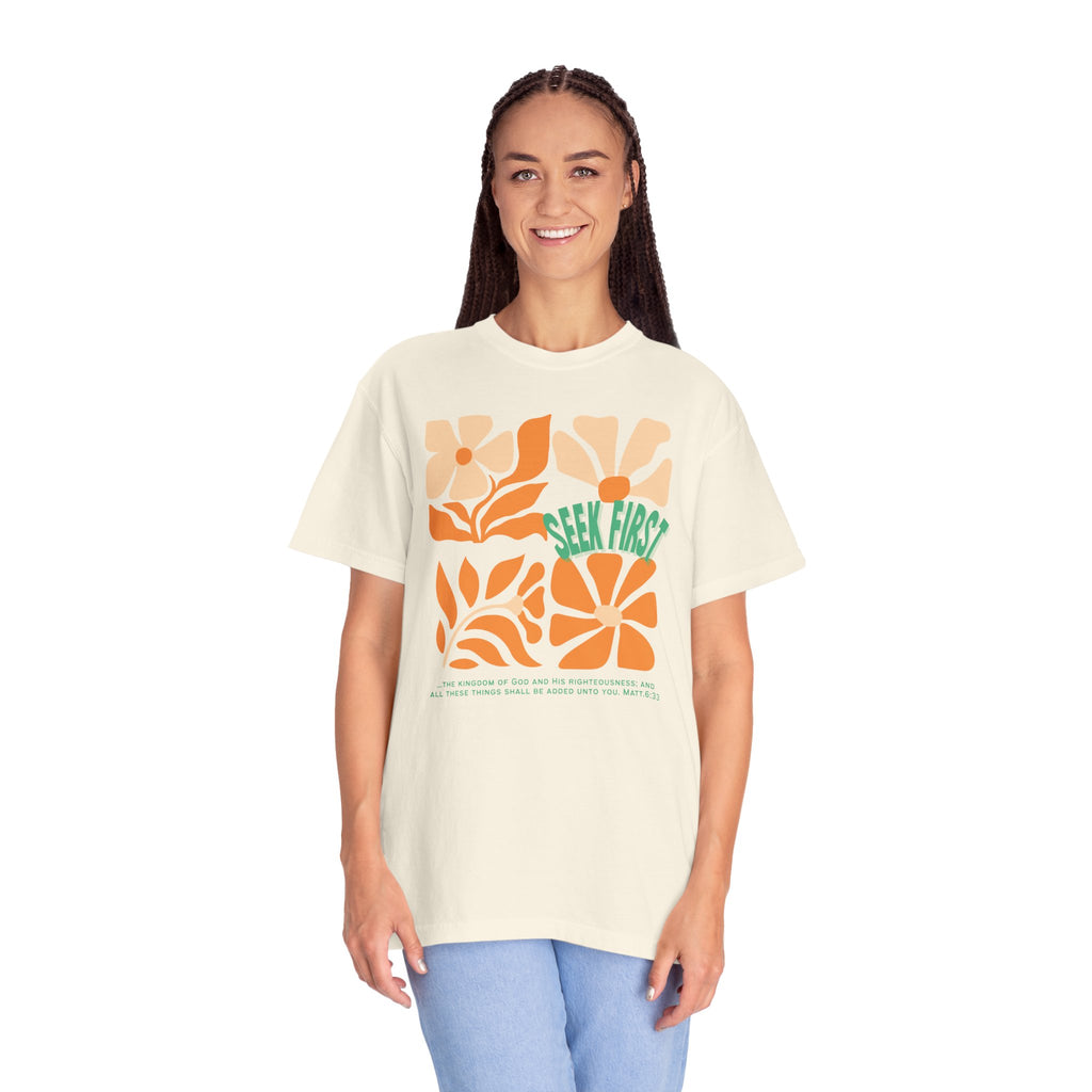 Seek First – Christian T-Shirt | Retro Floral Design | Live the Verse Collection | all4HIM