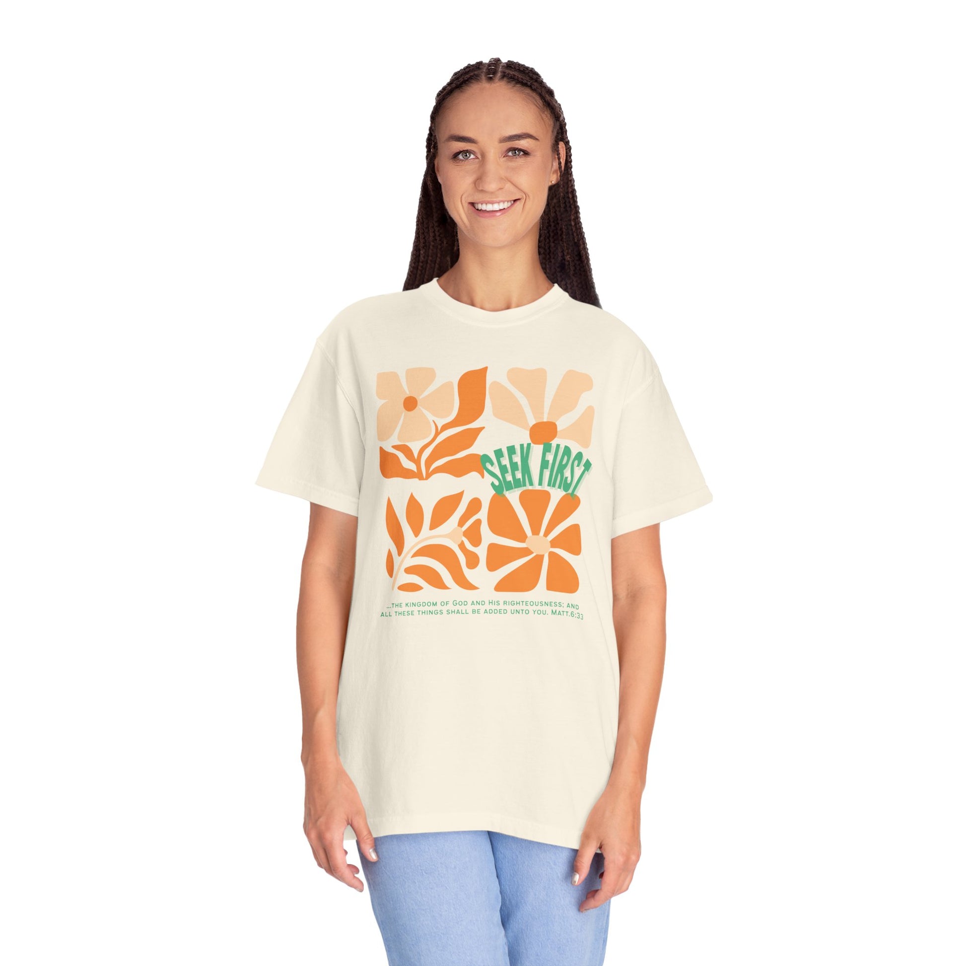 Seek First – Christian T-Shirt | Retro Floral Design | Live the Verse Collection | all4HIM