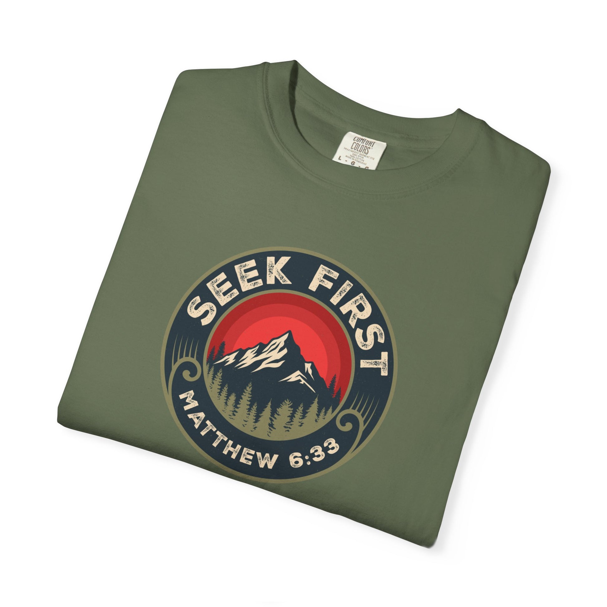 Seek First – Christian T-Shirt | Vintage Mountain Patch Design | Live the Verse Collection | all4HIM