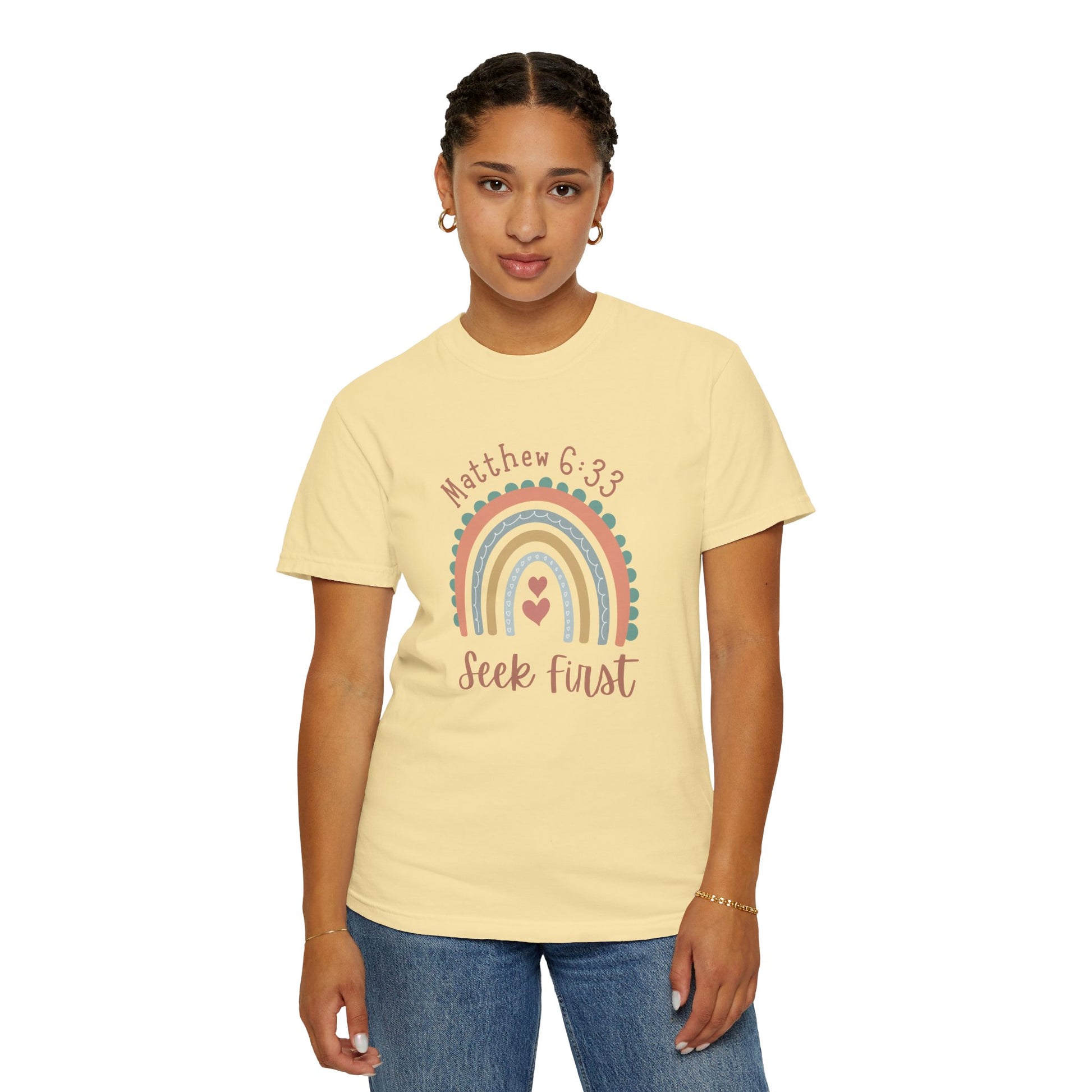 Seek First – Christian T-Shirt | Boho Rainbow Design | Live the Verse Collection | all4HIM