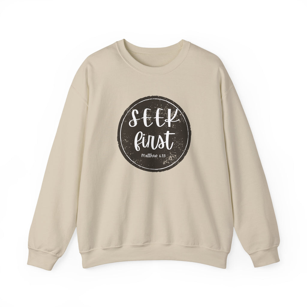 Seek First – Christian Sweatshirt | Circle Seal Design | Live the Verse Collection | all4HIM