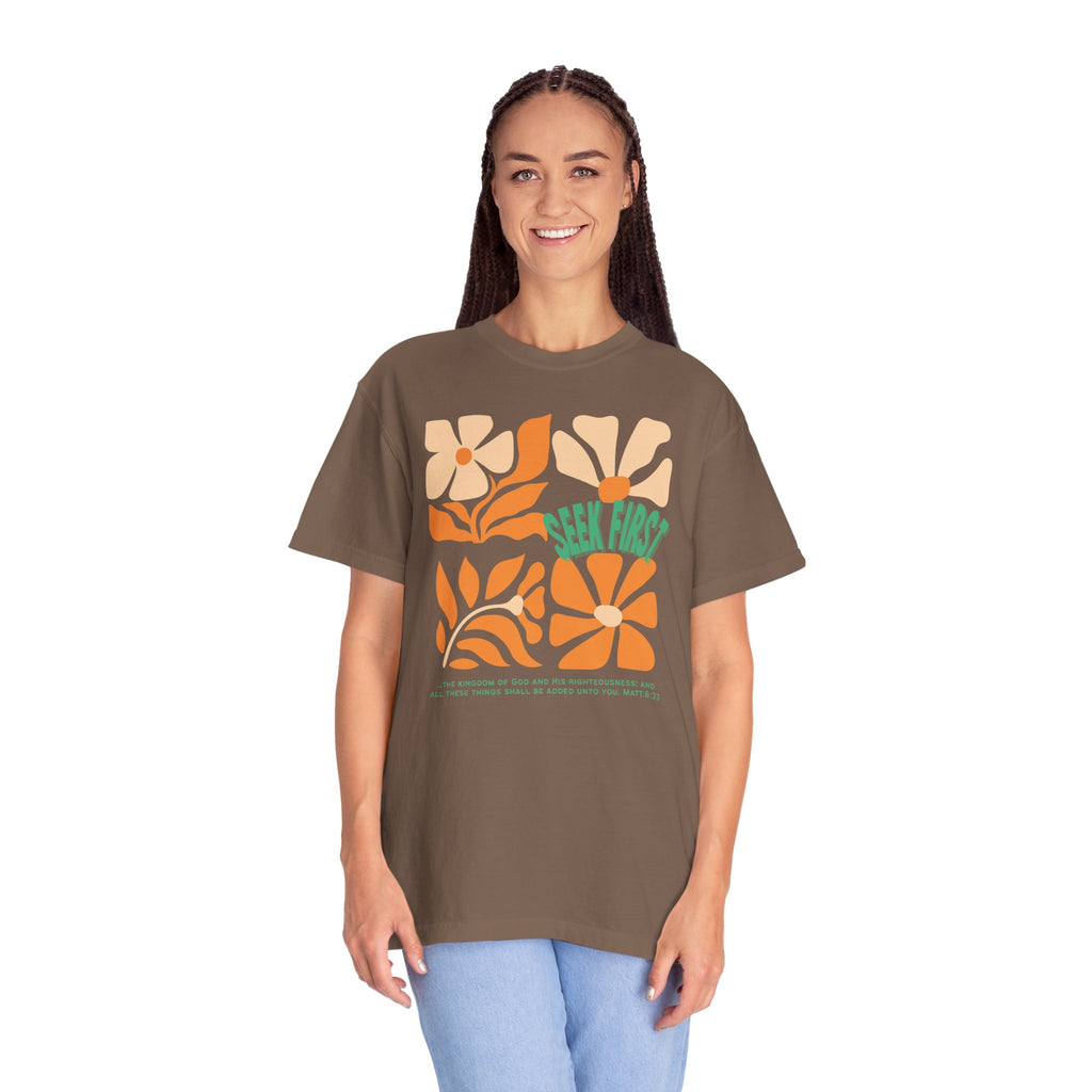 Seek First – Christian T-Shirt | Retro Floral Design | Live the Verse Collection | all4HIM