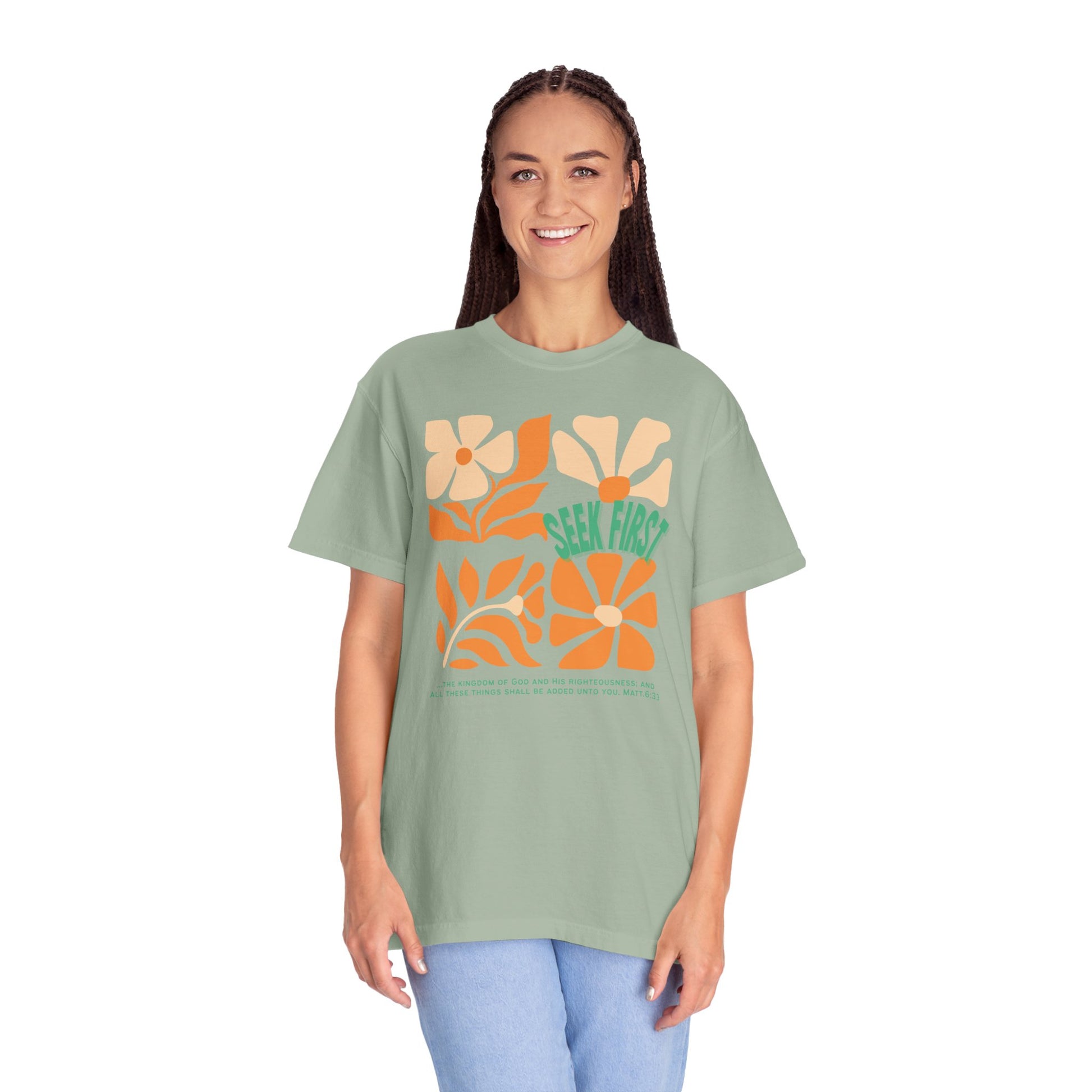 Seek First – Christian T-Shirt | Retro Floral Design | Live the Verse Collection | all4HIM