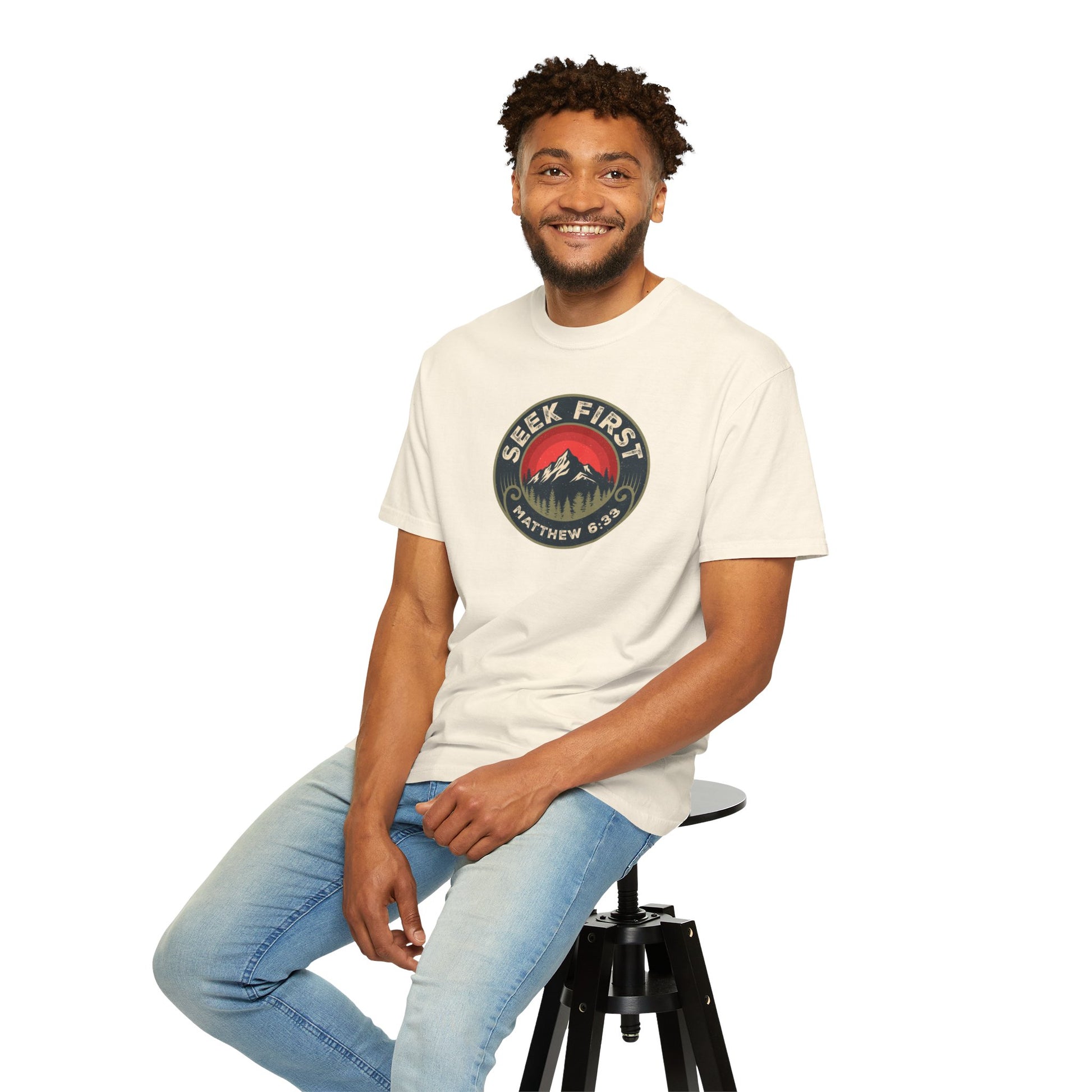 Seek First – Christian T-Shirt | Vintage Mountain Patch Design | Live the Verse Collection | all4HIM