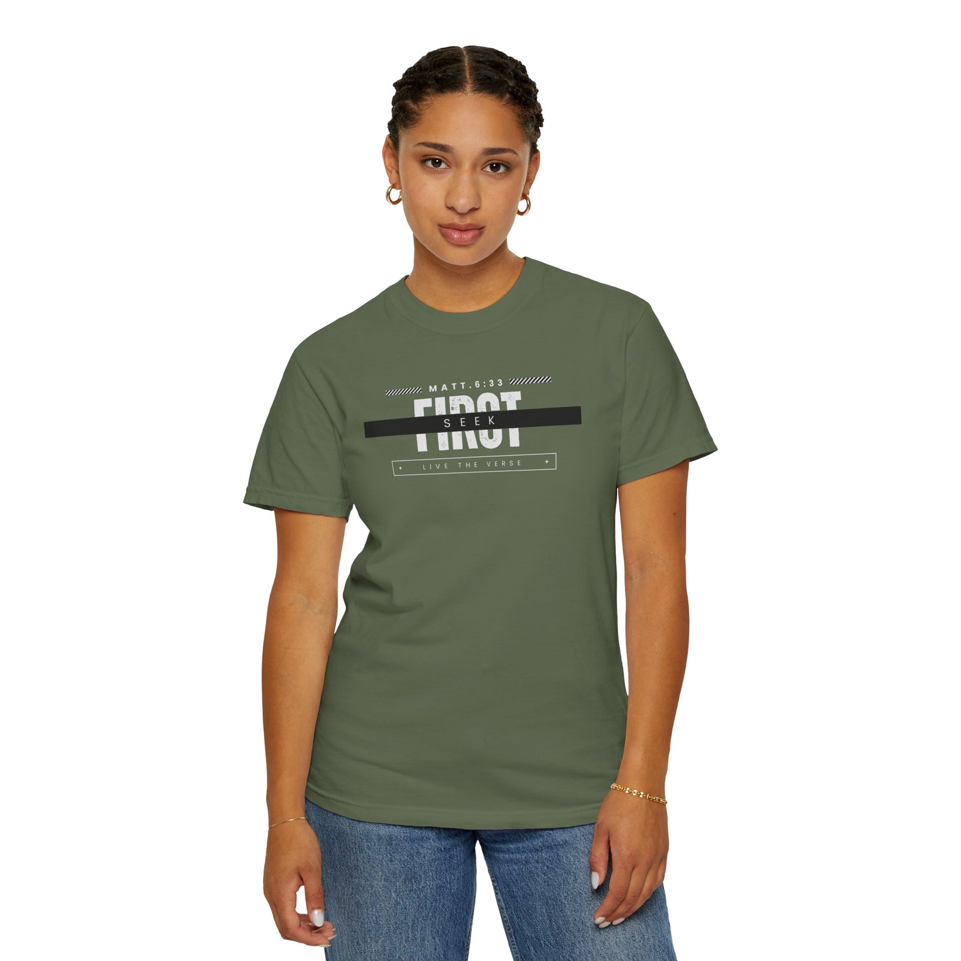 Seek First – Christian T-Shirt | Bold Typography Design | Live the Verse Collection | all4HIM