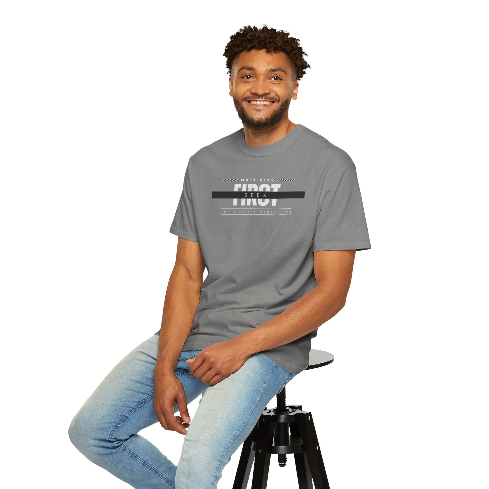 Seek First – Christian T-Shirt | Bold Typography Design | Live the Verse Collection | all4HIM