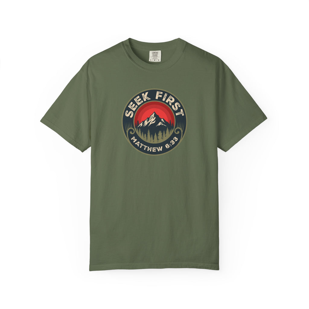 Seek First – Christian T-Shirt | Vintage Mountain Patch Design | Live the Verse Collection | all4HIM