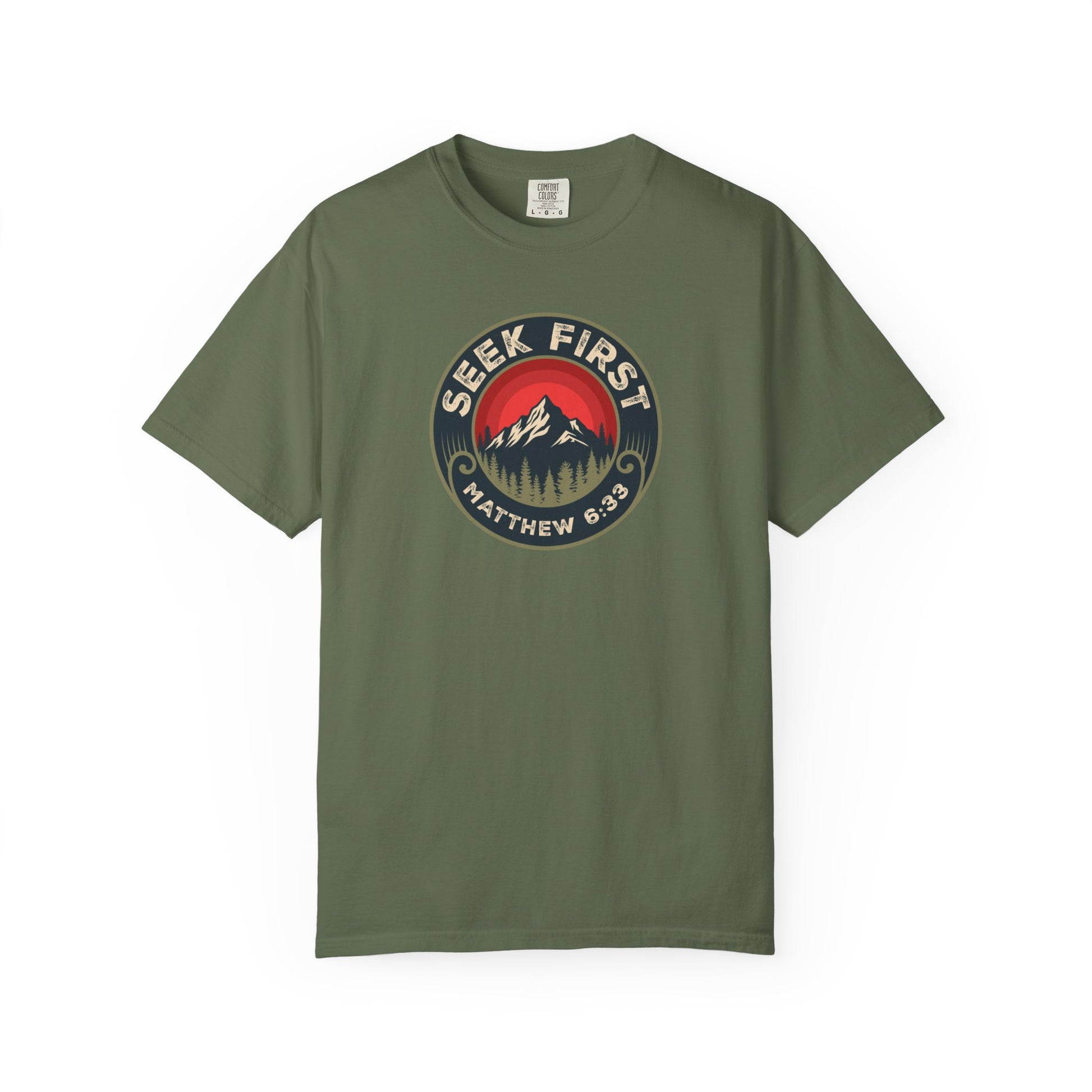 Seek First – Christian T-Shirt | Vintage Mountain Patch Design | Live the Verse Collection | all4HIM