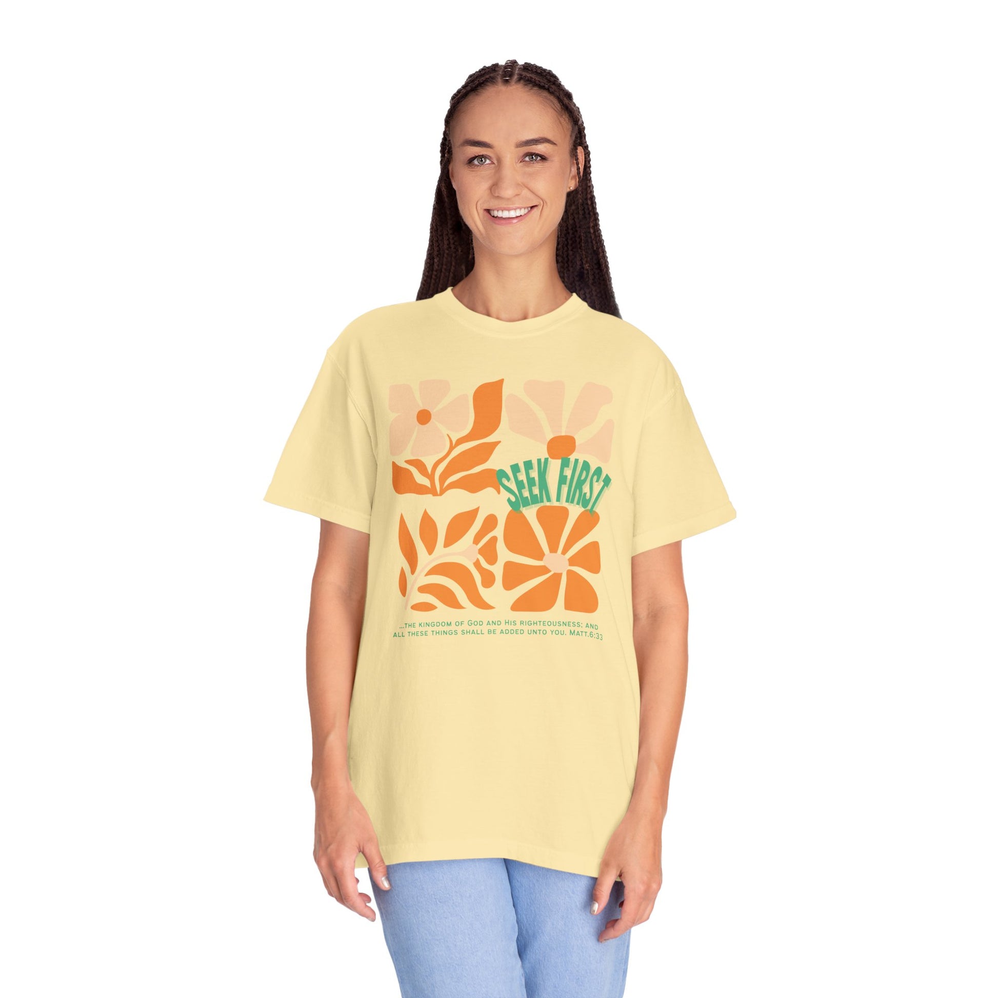 Seek First – Christian T-Shirt | Retro Floral Design | Live the Verse Collection | all4HIM