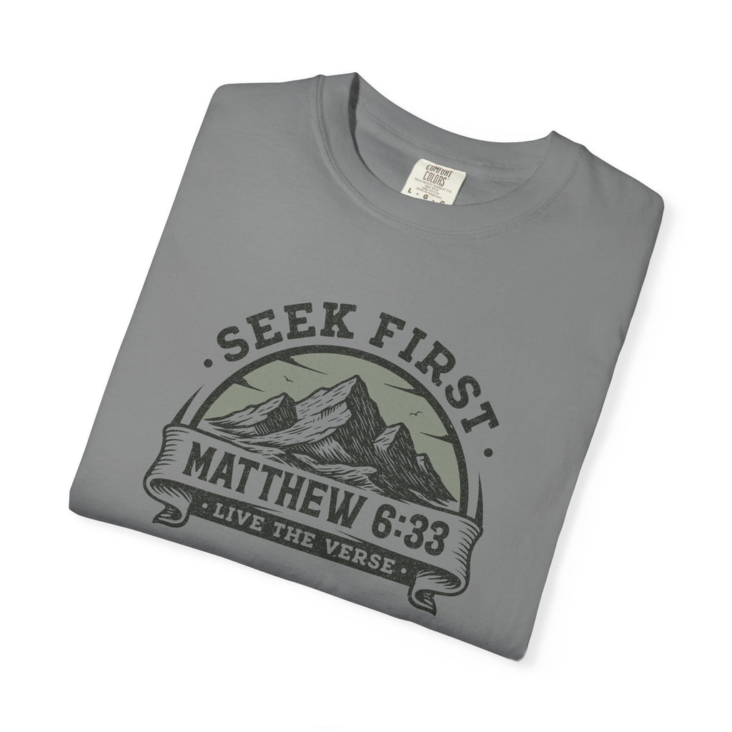 Seek First – Christian T-Shirt | Mountain Design | Live the Verse Collection | all4HIM