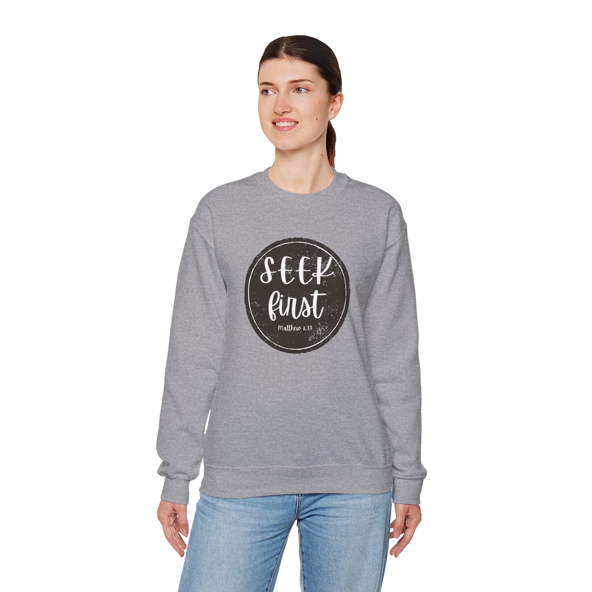 Seek First – Christian Sweatshirt | Circle Seal Design | Live the Verse Collection | all4HIM