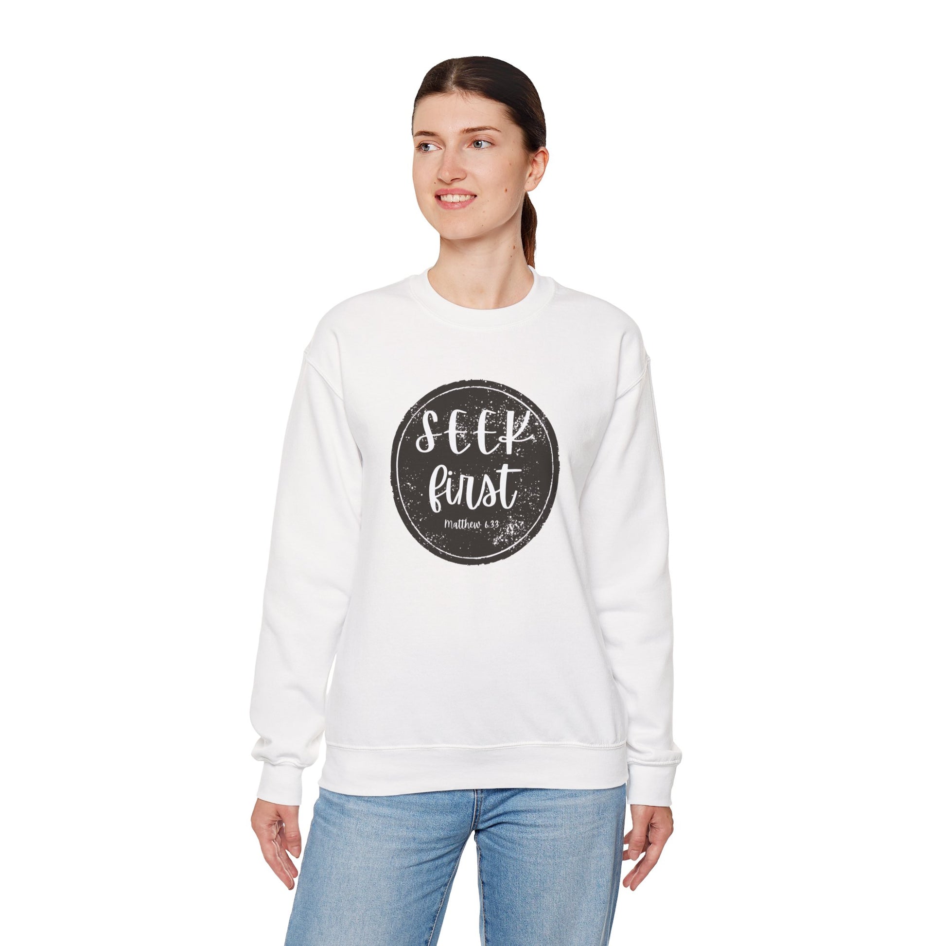 Seek First – Christian Sweatshirt | Circle Seal Design | Live the Verse Collection | all4HIM