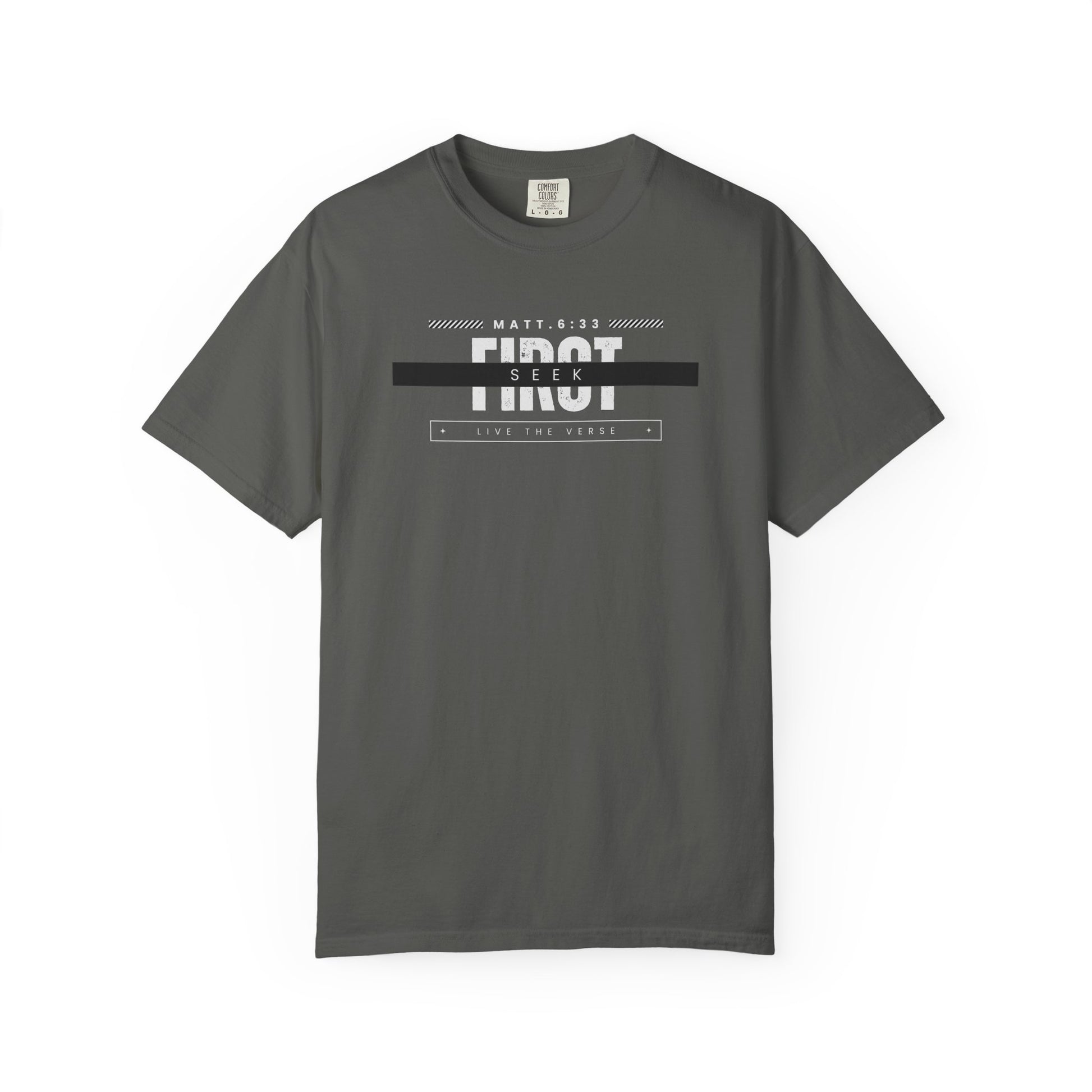 Seek First – Christian T-Shirt | Bold Typography Design | Live the Verse Collection | all4HIM