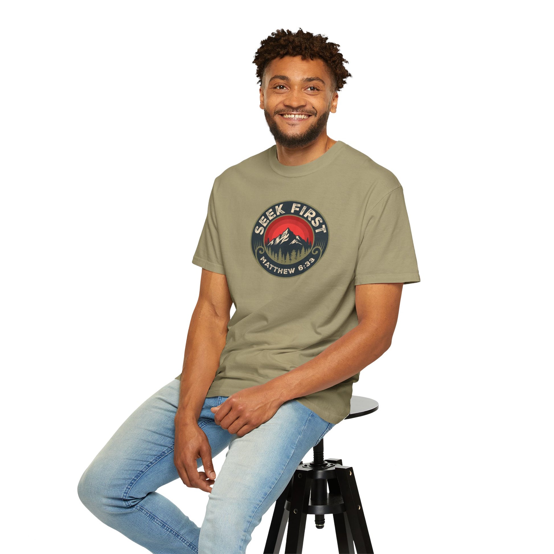 Seek First – Christian T-Shirt | Vintage Mountain Patch Design | Live the Verse Collection | all4HIM