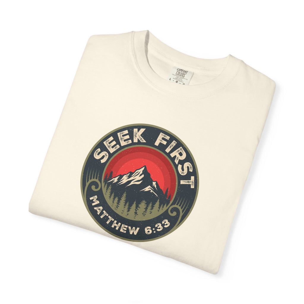 Seek First – Christian T-Shirt | Vintage Mountain Patch Design | Live the Verse Collection | all4HIM