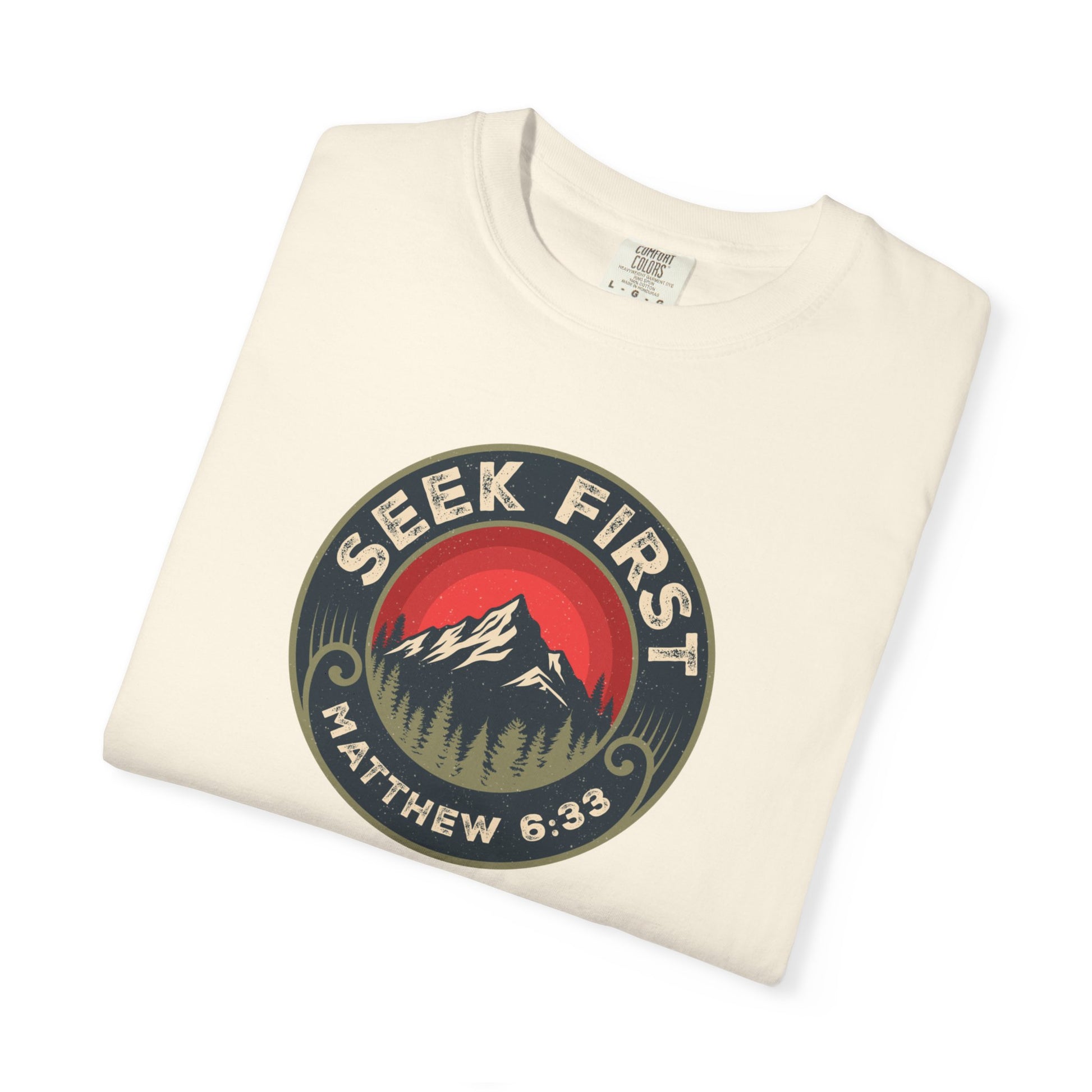 Seek First – Christian T-Shirt | Vintage Mountain Patch Design | Live the Verse Collection | all4HIM
