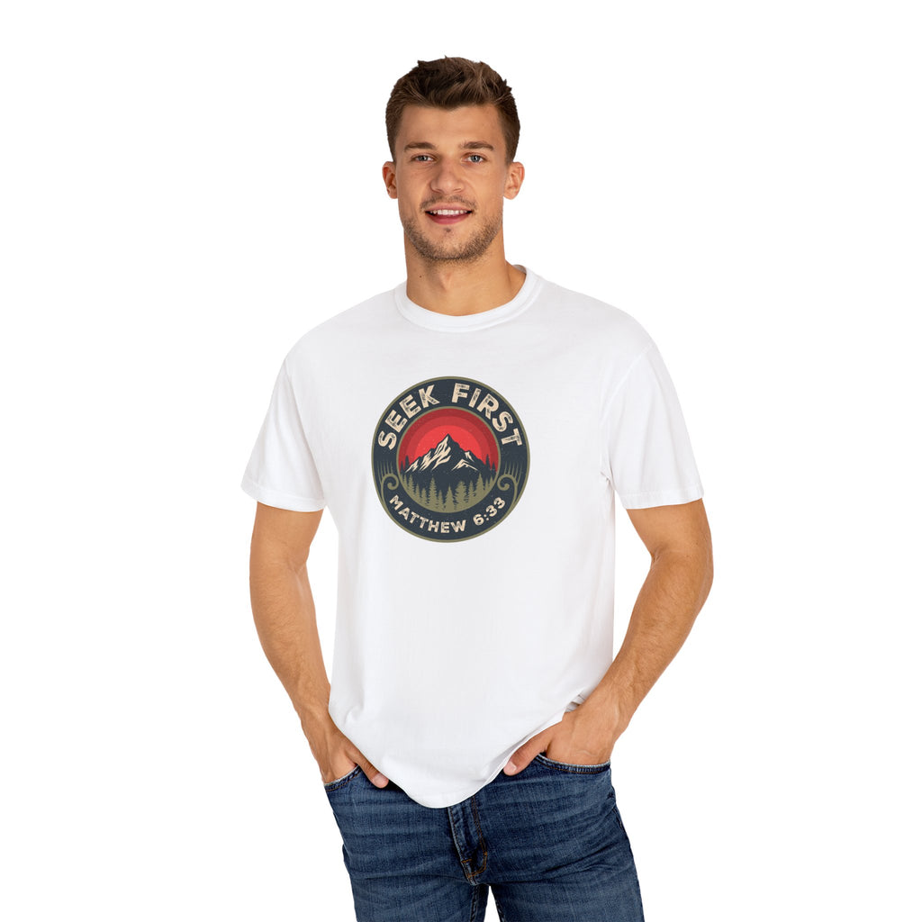Seek First – Christian T-Shirt | Vintage Mountain Patch Design | Live the Verse Collection | all4HIM