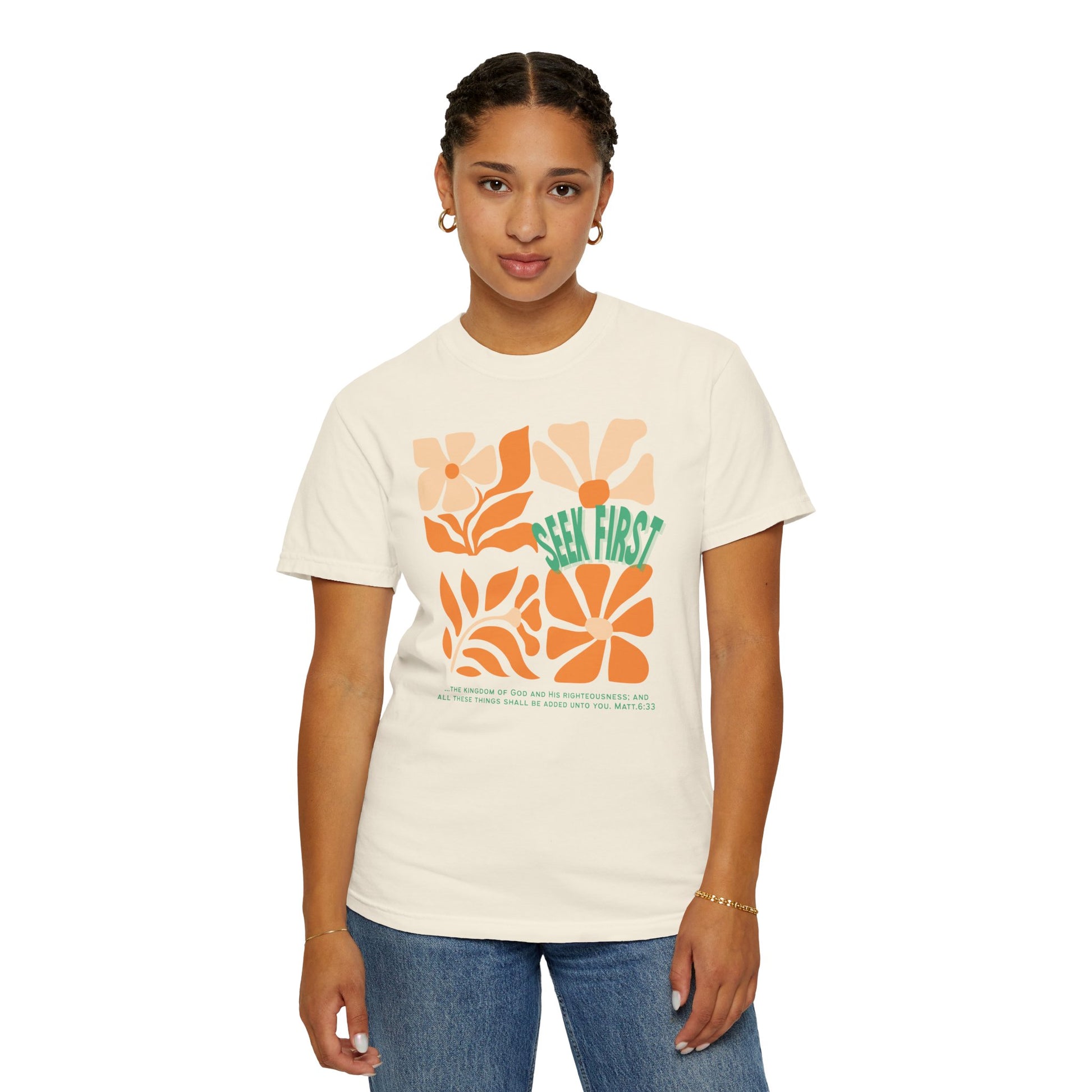 Seek First – Christian T-Shirt | Retro Floral Design | Live the Verse Collection | all4HIM