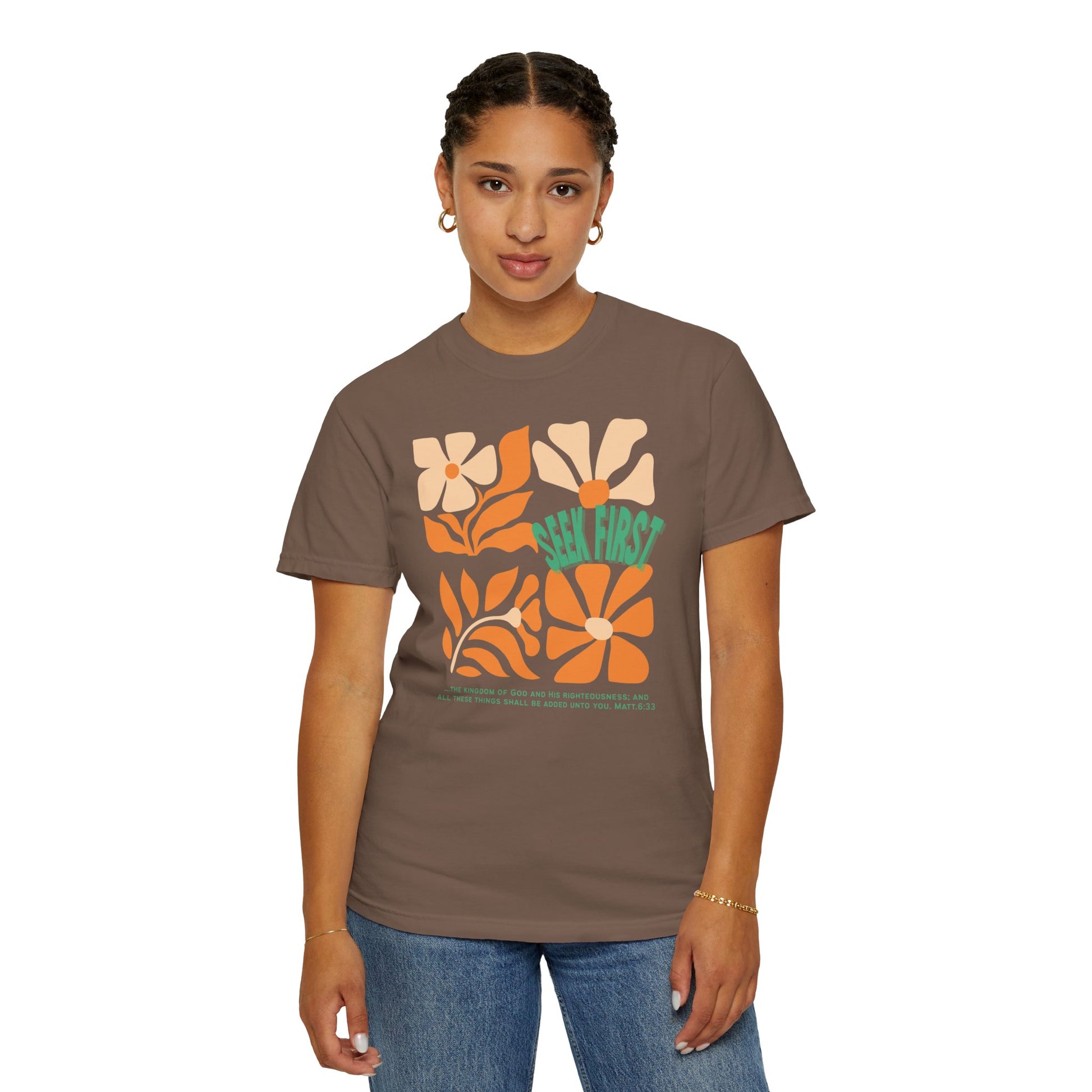 Seek First – Christian T-Shirt | Retro Floral Design | Live the Verse Collection | all4HIM