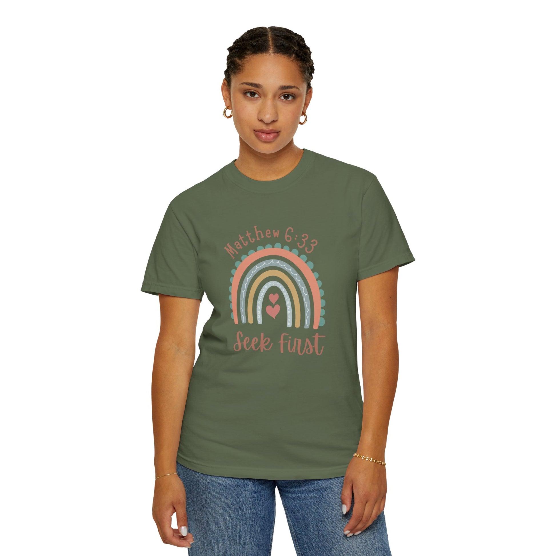 Seek First – Christian T-Shirt | Boho Rainbow Design | Live the Verse Collection | all4HIM
