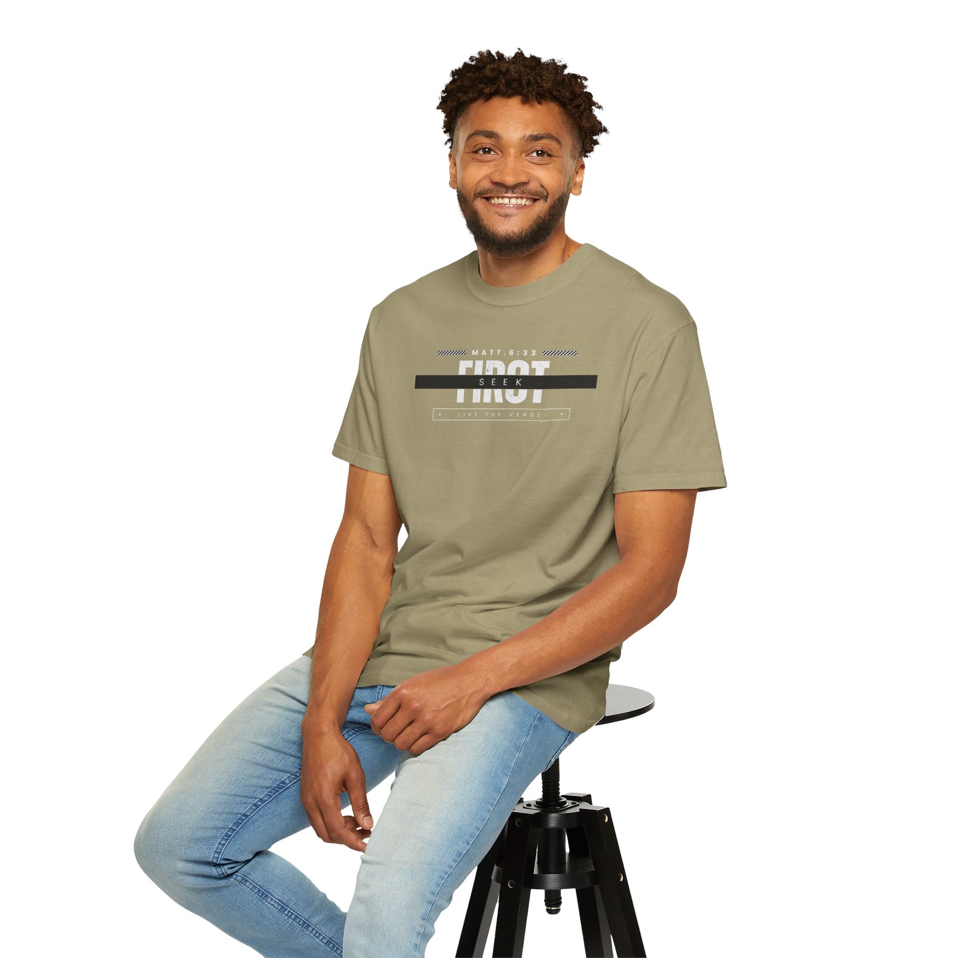 Seek First – Christian T-Shirt | Bold Typography Design | Live the Verse Collection | all4HIM
